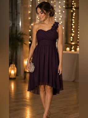 DB Studio Rich Plum One-Shoulder Hi-Low Dress | Floral Strap | M